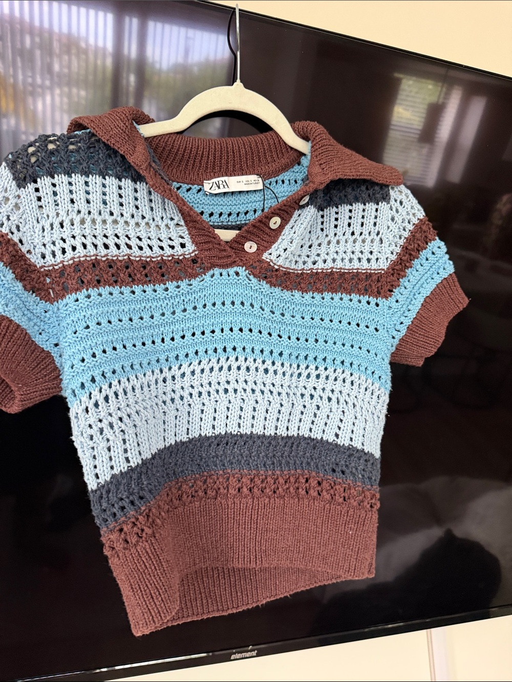 ZARA Striped Crocheted V-Neck Sweater in Brown, Light Blue & Gray